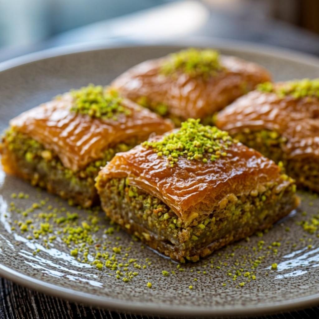 Üzerinde ince öğütülmüş Antep fıstığı ve bal şerbeti ile parlayan fıstıklı baklava dilimleri
