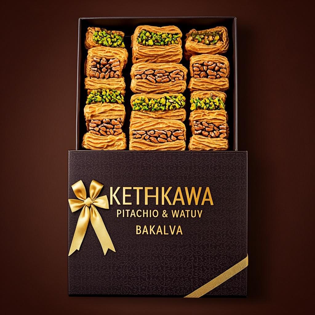 Şık paketlenmiş, altın kurdeleli karışık baklava hediye kutusu