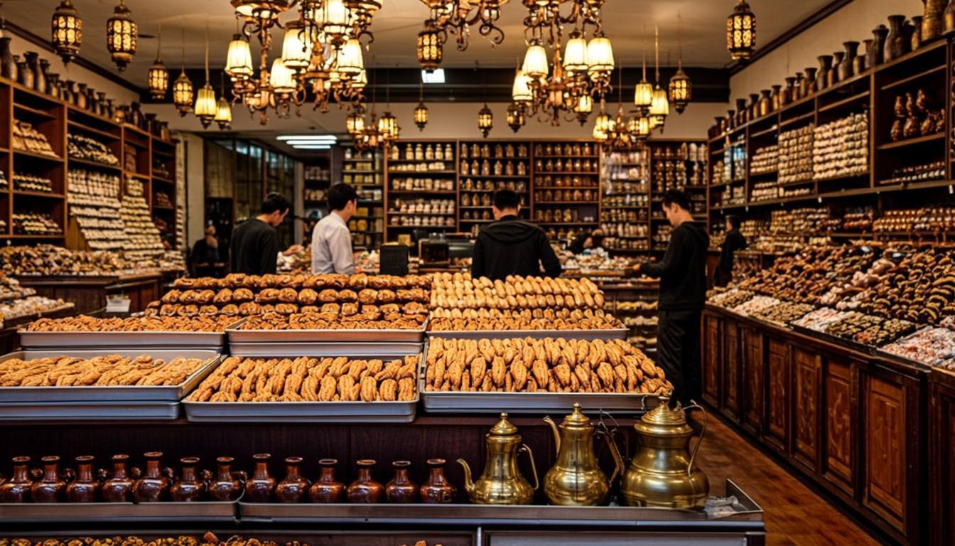 Taze baklava tepsileriyle dolu geleneksel Türk fırını iç mekanı