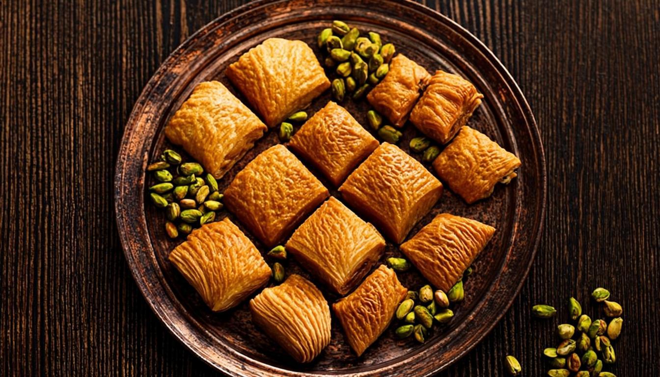 Bakır tepside sunulan çeşitli Türk baklavası: fıstıklı baklava, şöbiyet ve nadir dolama